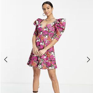 ASOS DESIGN Petite Seamed Deep Pink Floral Mini Dress - Size 4P